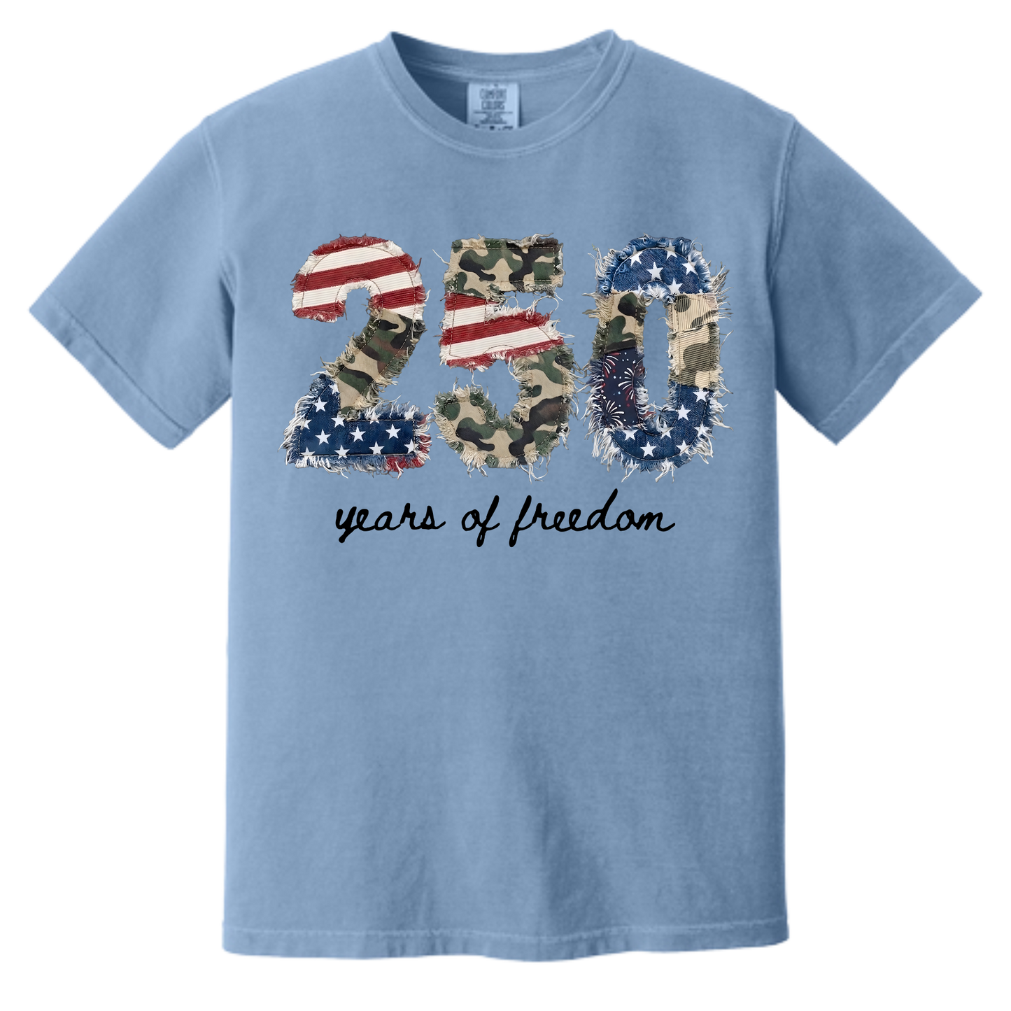 250 Years of Freedom Patriotic Patchwork Graphic Tee | Vintage Americana Independence Shirt