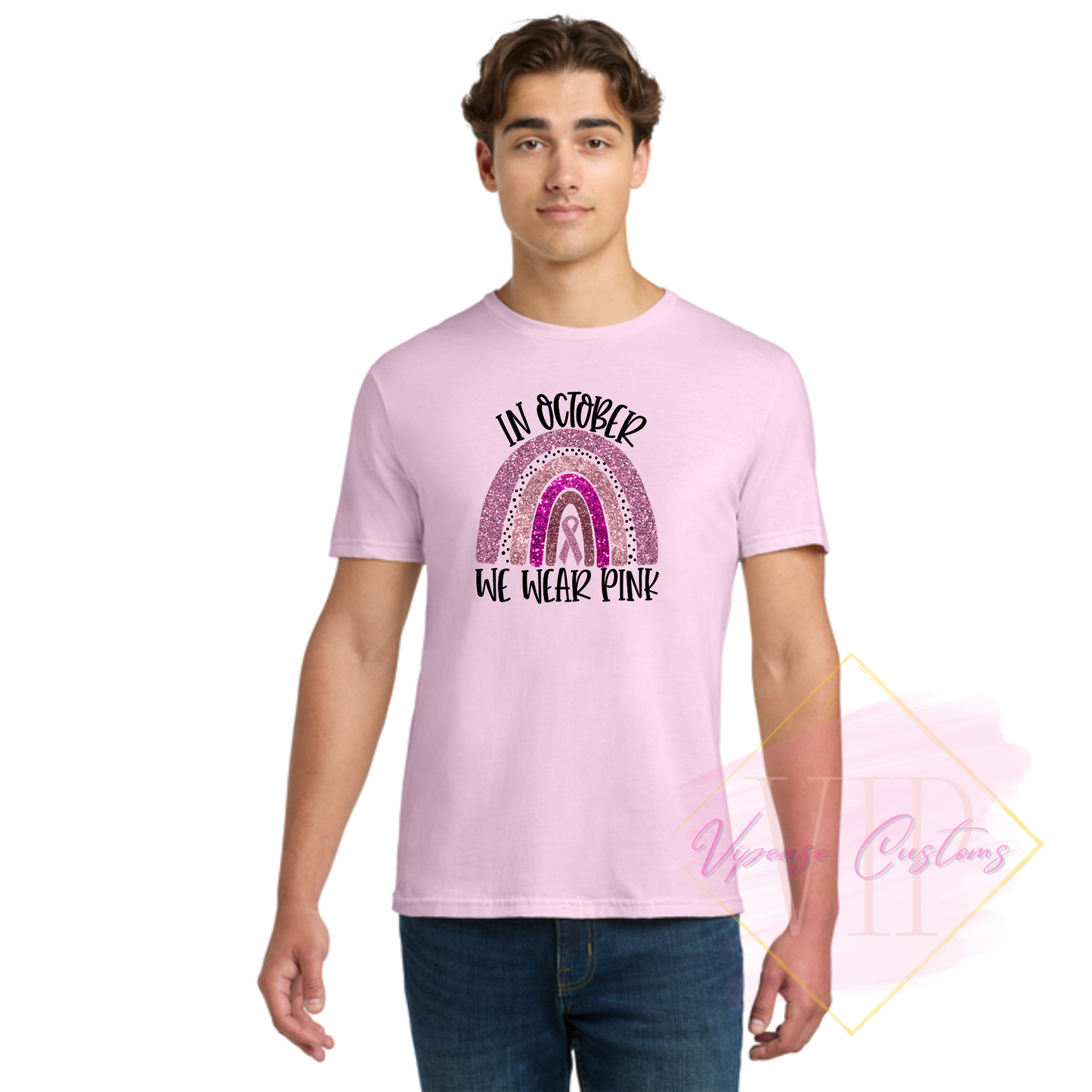 In October We Wear Pink Glitter Ribbon Rainbow-Cancer Awareness 64000 Gildan Softstyle® T-Shirt