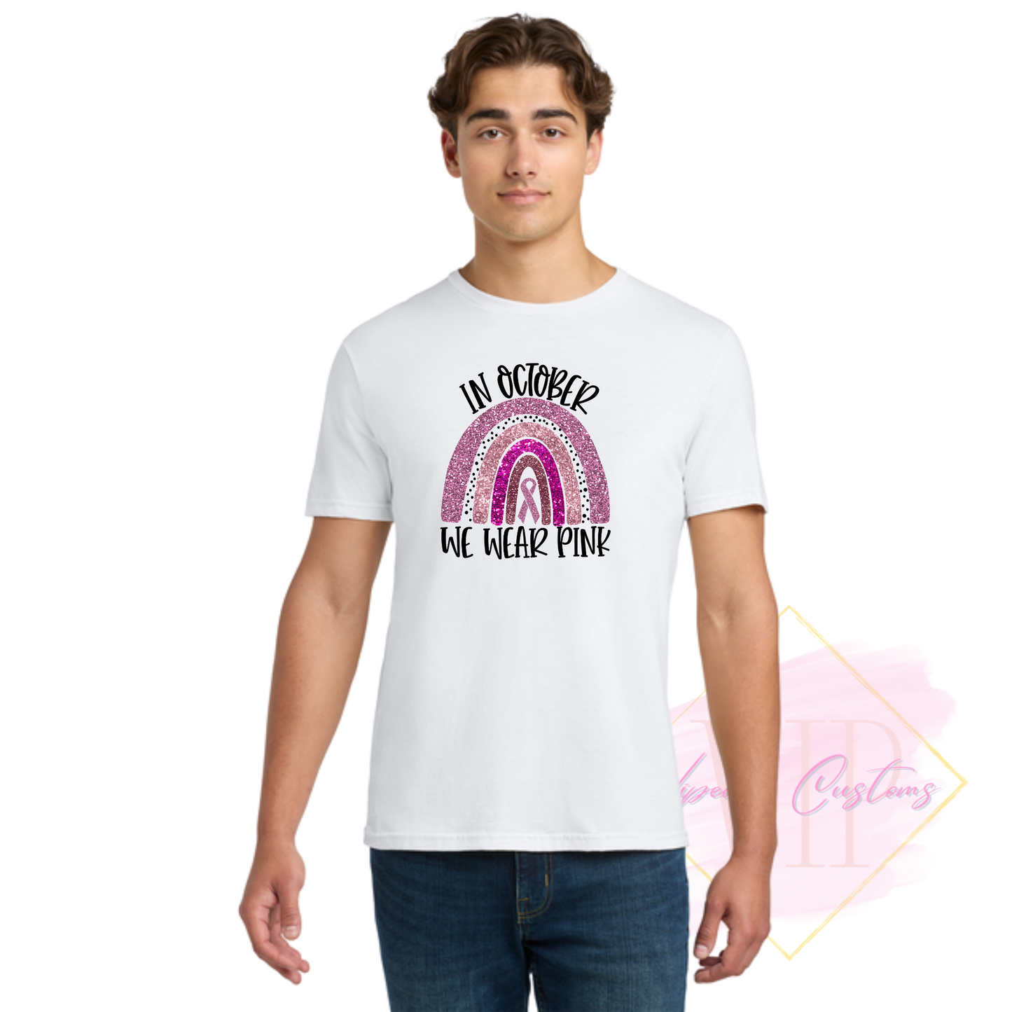 In October We Wear Pink Glitter Ribbon Rainbow-Cancer Awareness 64000 Gildan Softstyle® T-Shirt