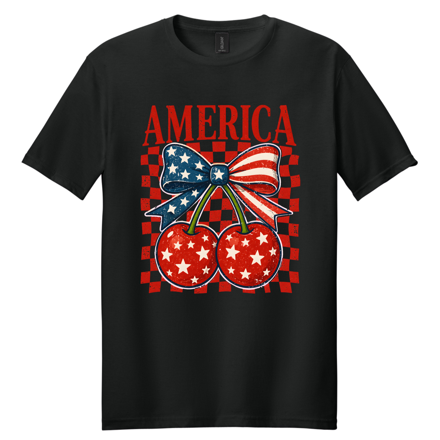 America Cherry Bow Patriotic Graphic Tee | Vintage USA Fourth of July Shirt