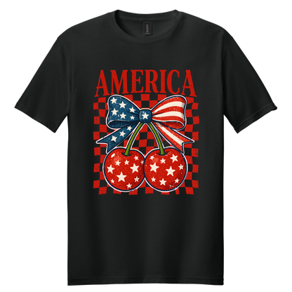 America Cherry Bow Patriotic Graphic Tee | Vintage USA Fourth of July Shirt