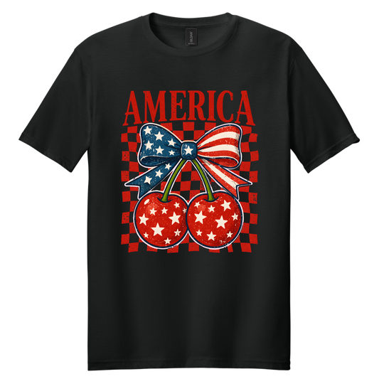America Cherry Bow Patriotic Graphic Tee | Vintage USA Fourth of July Shirt