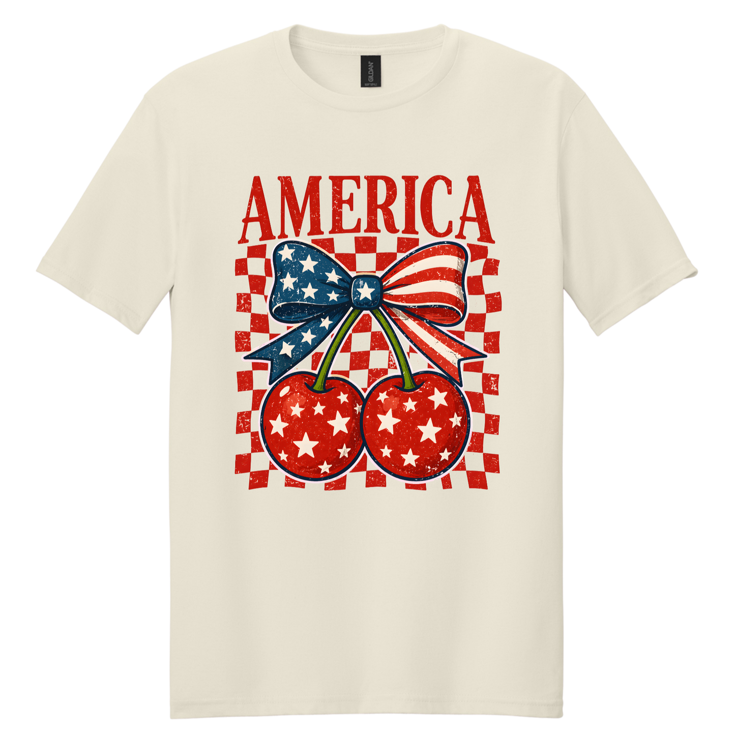 America Cherry Bow Patriotic Graphic Tee | Vintage USA Fourth of July Shirt