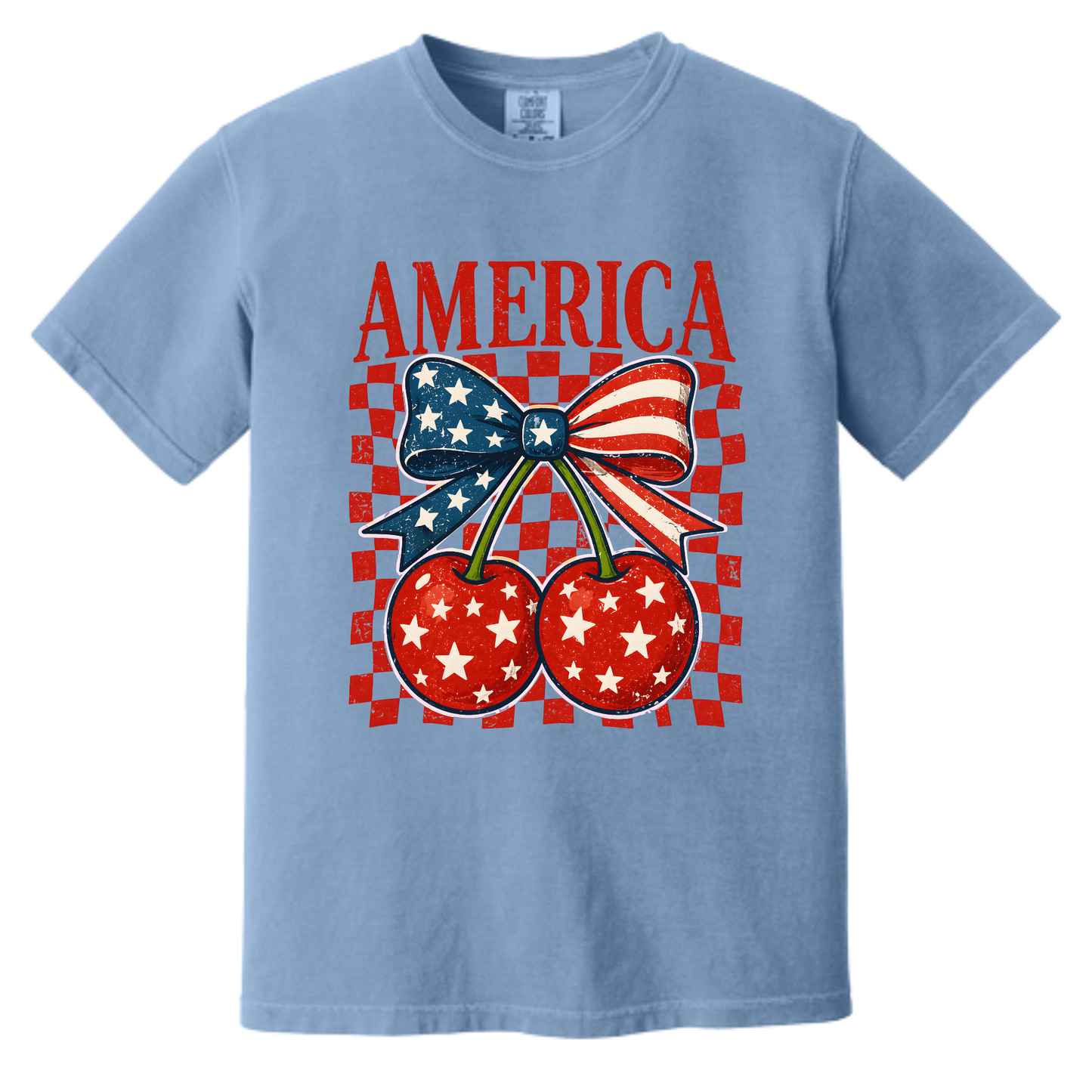 America Cherry Bow Patriotic Graphic Tee | Vintage USA Fourth of July Shirt