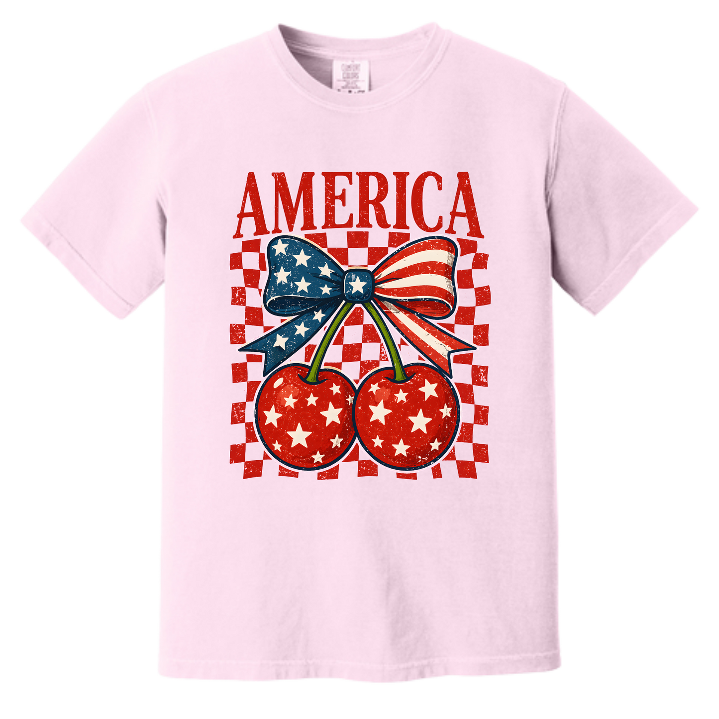 America Cherry Bow Patriotic Graphic Tee | Vintage USA Fourth of July Shirt