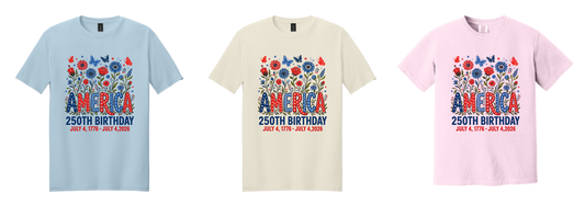 America 250th Birthday Floral Patriotic Tee | July 4, 1776 – July 4, 2026 Independence Day Shirt