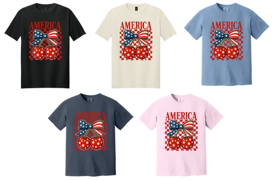 America Cherry Bow Patriotic Graphic Tee | Vintage USA Fourth of July Shirt
