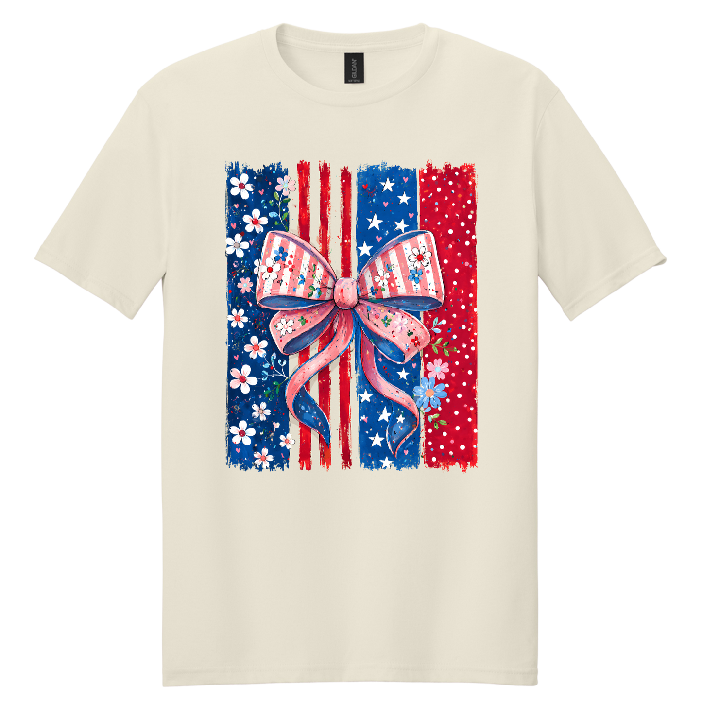 Patriotic Floral Bow American Flag Graphic Tee | Women's 4th of July Shirt