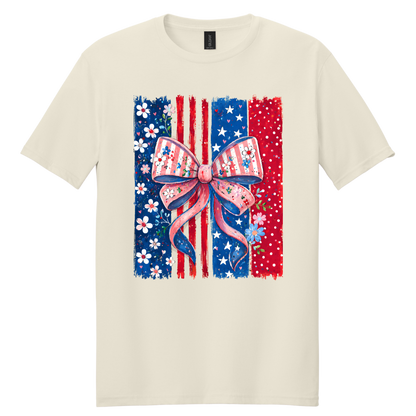Patriotic Floral Bow American Flag Graphic Tee | Women's 4th of July Shirt