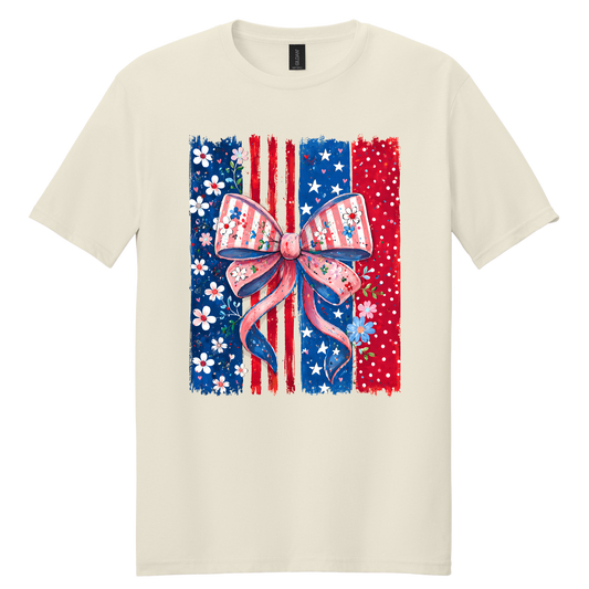Patriotic Floral Bow American Flag Graphic Tee | Women's 4th of July Shirt