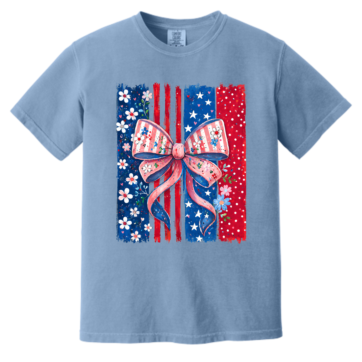 Patriotic Floral Bow American Flag Graphic Tee | Women's 4th of July Shirt