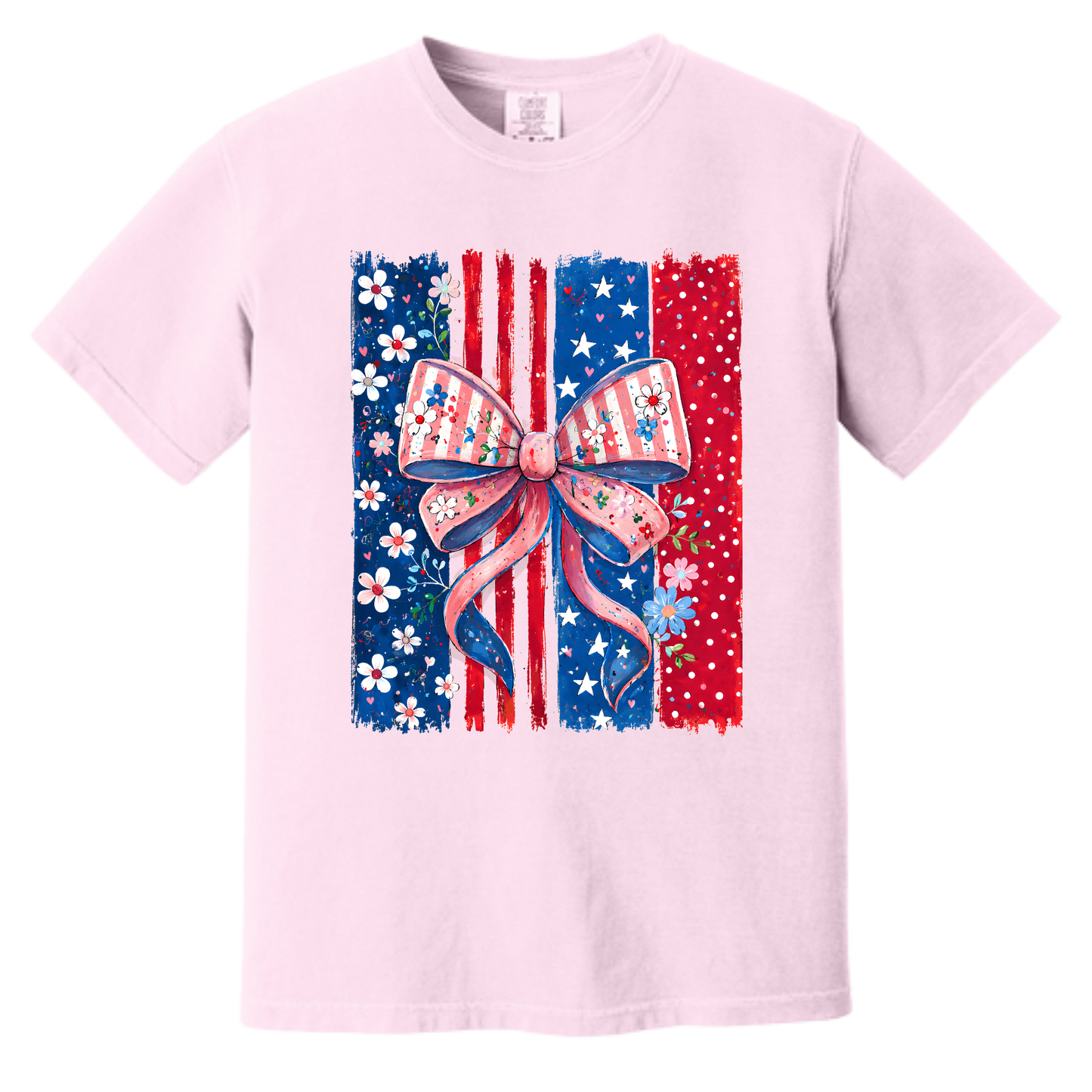 Patriotic Floral Bow American Flag Graphic Tee | Women's 4th of July Shirt