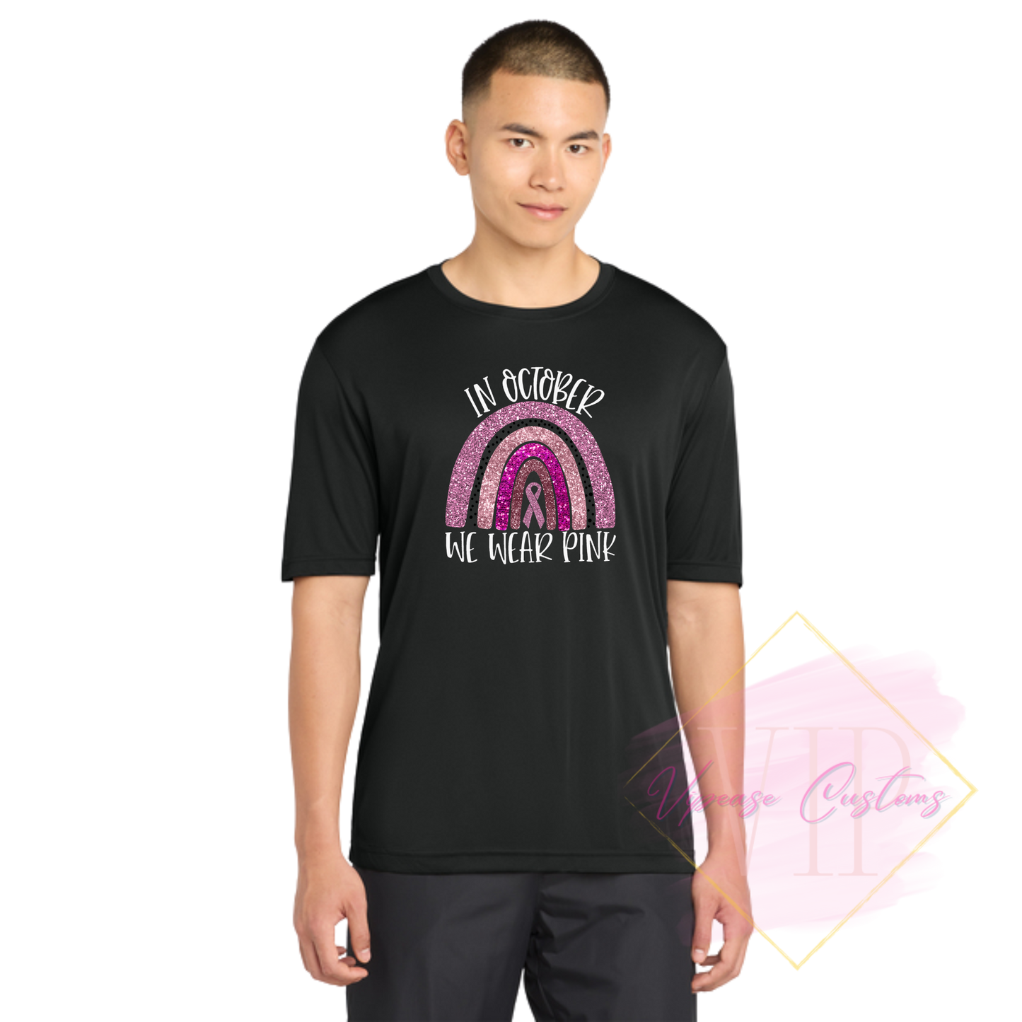 In October We Wear Pink Glitter Ribbon Rainbow-Cancer Awareness ST350 Sport-Tek® PosiCharge® Competitor™ Tee