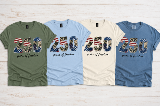 250 Years of Freedom Patriotic Patchwork Graphic Tee | Vintage Americana Independence Shirt
