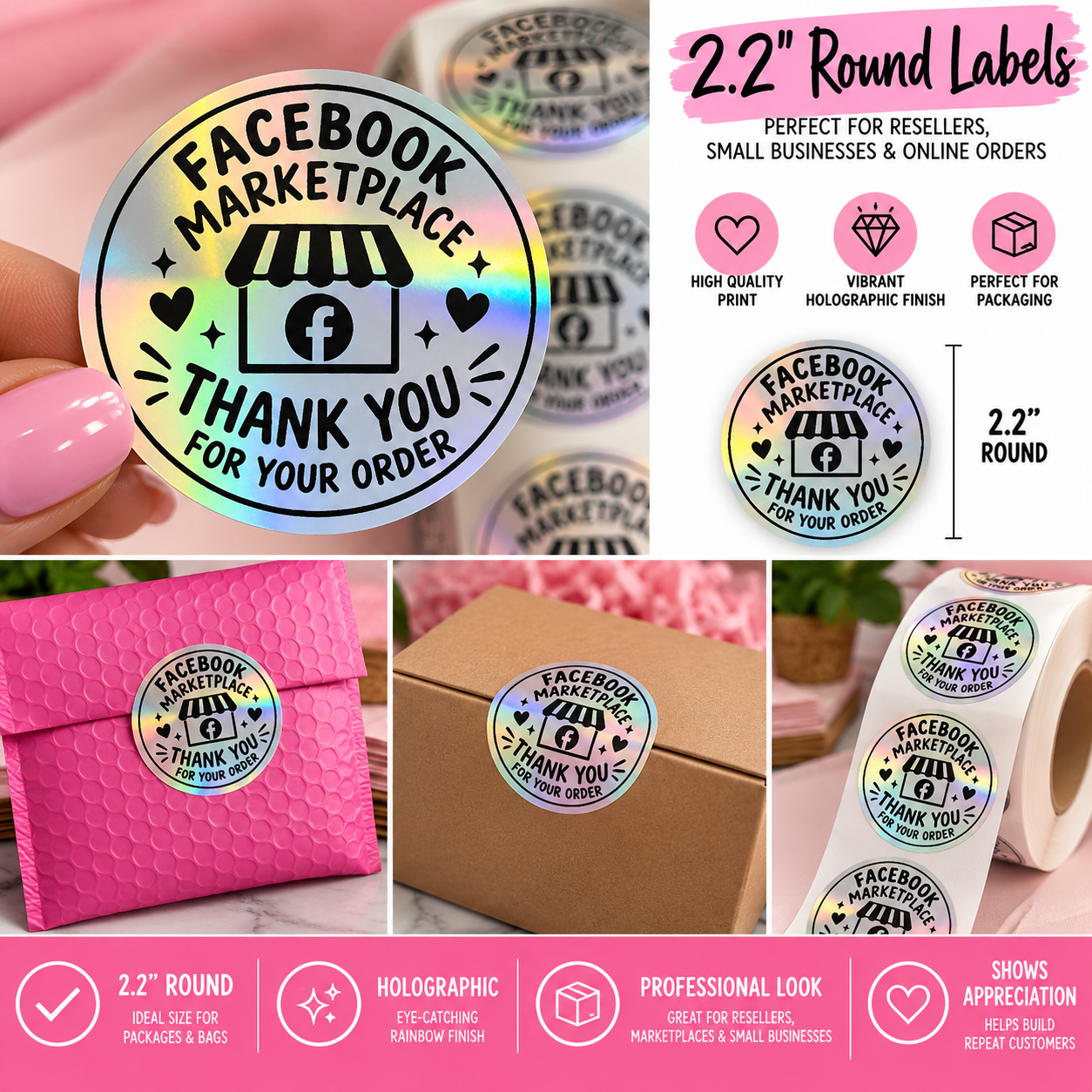 Facebook Marketplace Thank You Stickers | 2.2" Round Holographic Labels