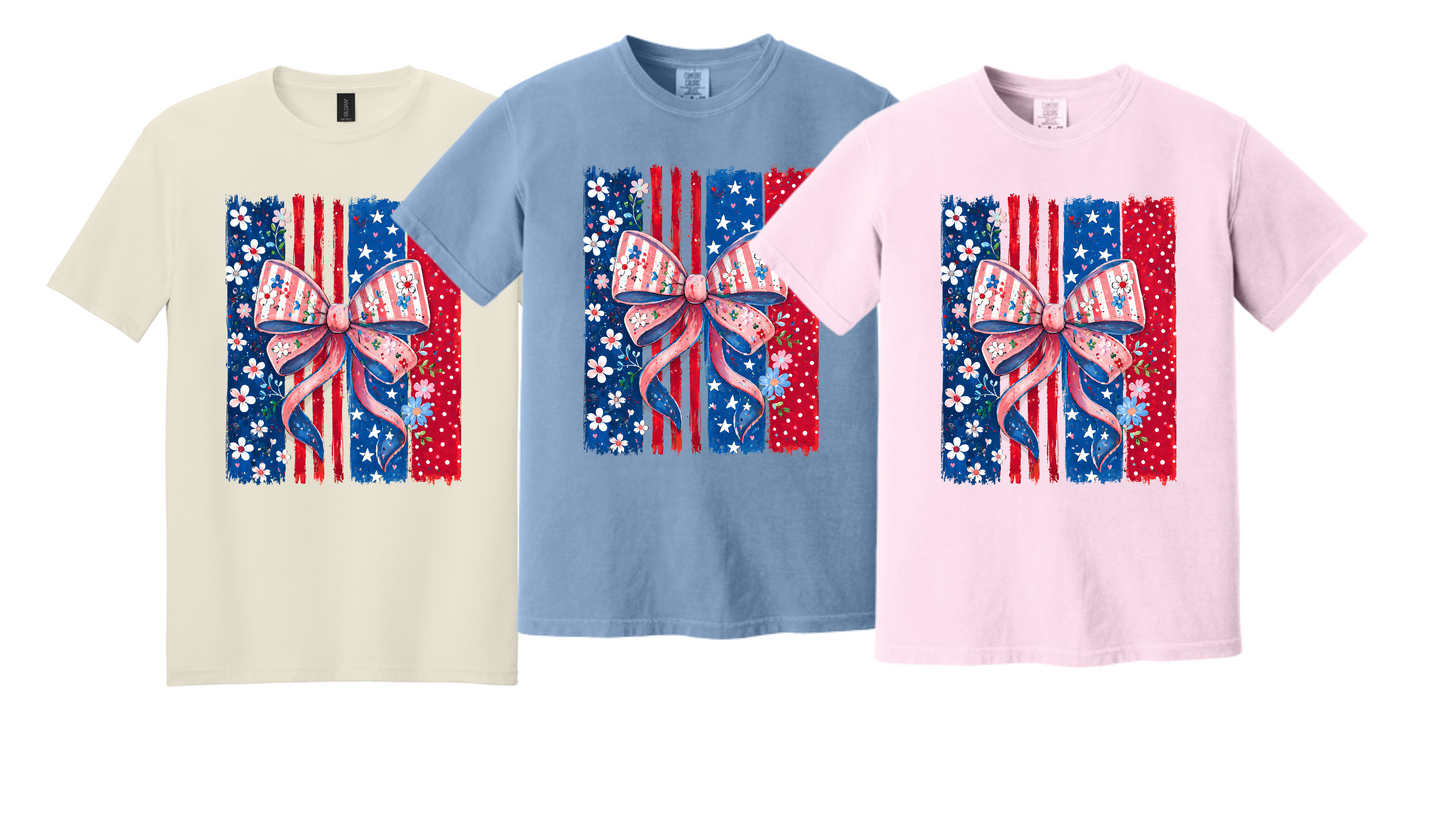 Patriotic Floral Bow American Flag Graphic Tee | Women's 4th of July Shirt