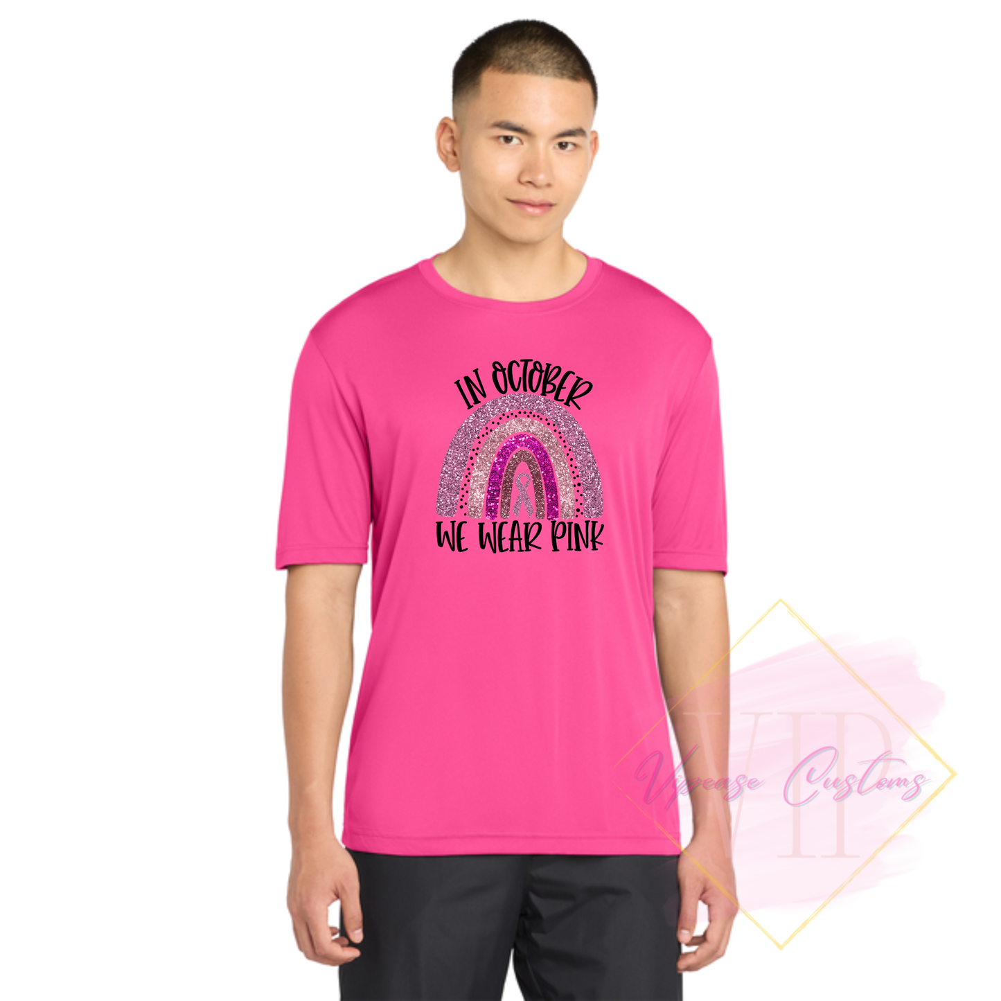 In October We Wear Pink Glitter Ribbon Rainbow-Cancer Awareness ST350 Sport-Tek® PosiCharge® Competitor™ Tee