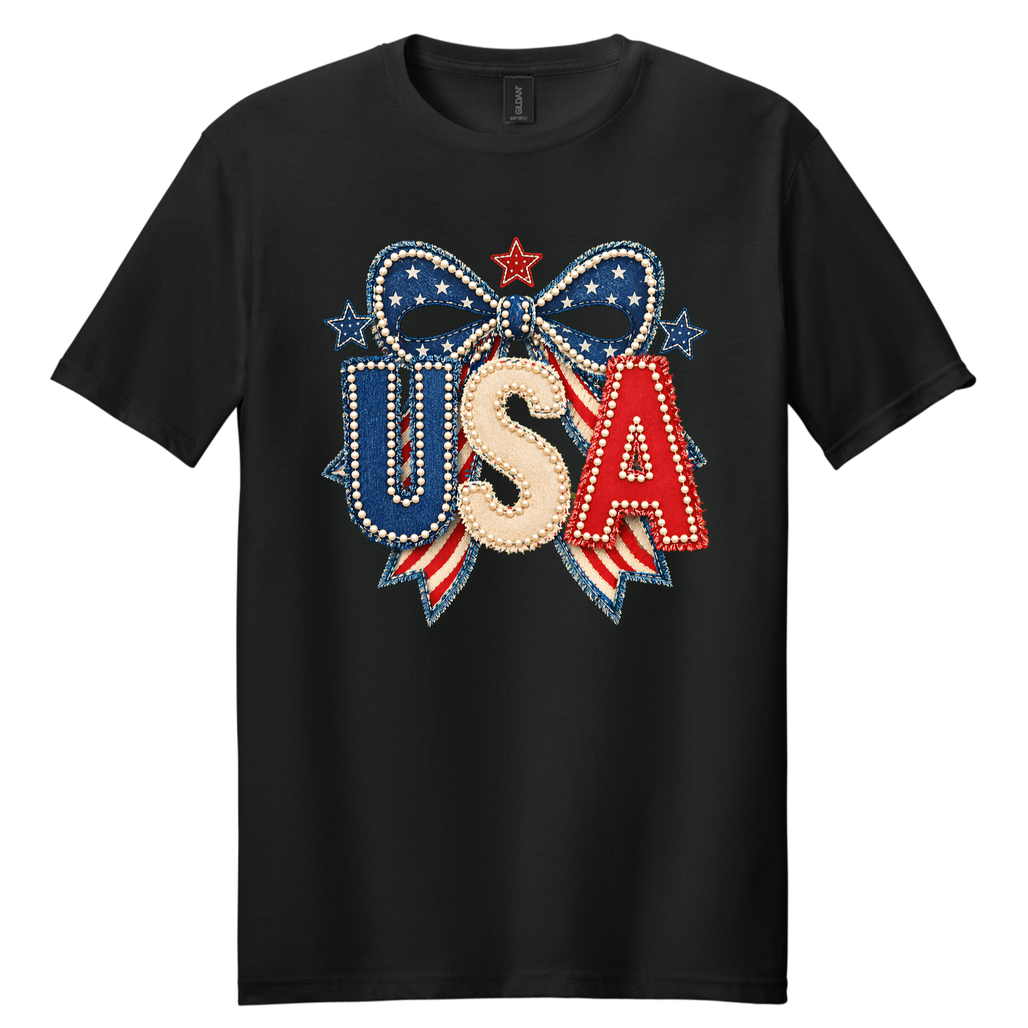 Patriotic Pearl Bow USA Graphic Tee | Vintage Americana Fourth of July Shirt