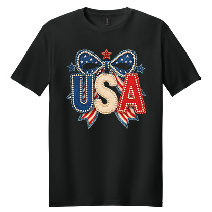 Patriotic Pearl Bow USA Graphic Tee | Vintage Americana Fourth of July Shirt