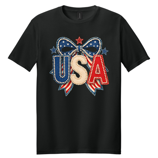 Patriotic Pearl Bow USA Graphic Tee | Vintage Americana Fourth of July Shirt