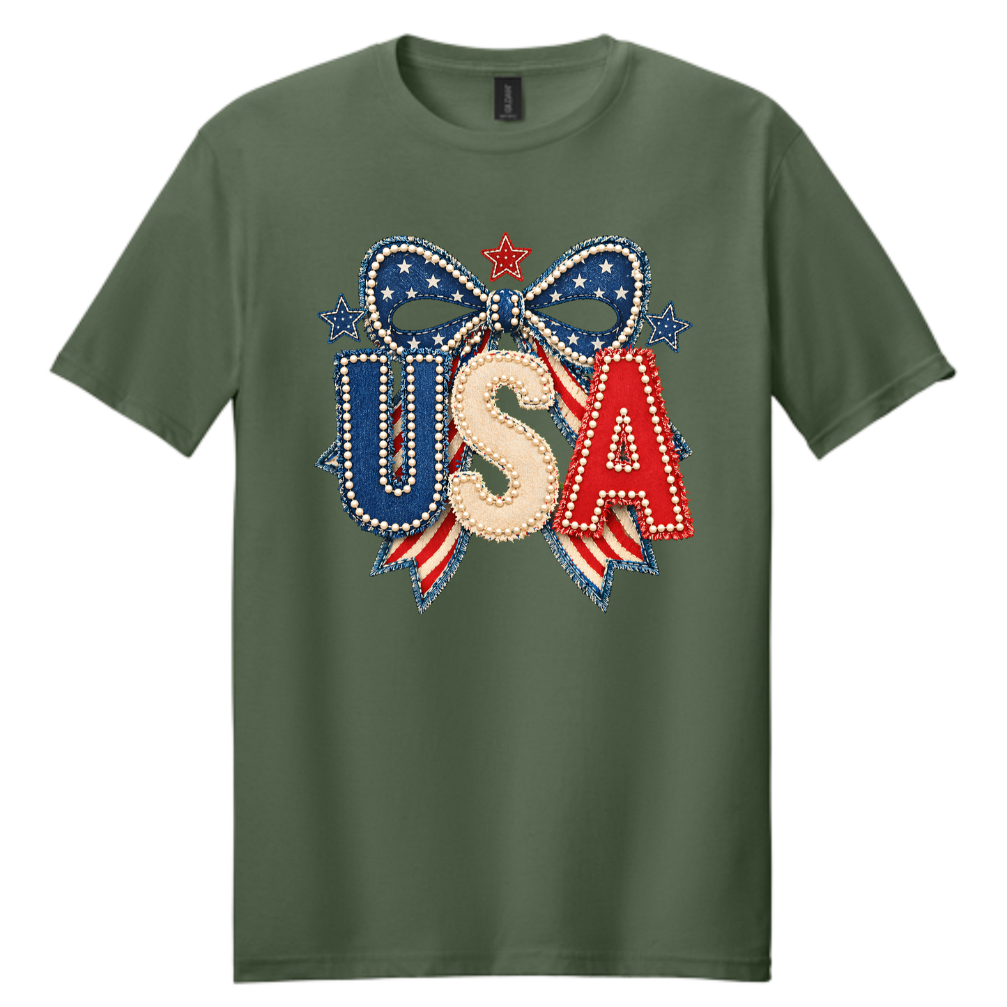 Patriotic Pearl Bow USA Graphic Tee | Vintage Americana Fourth of July Shirt