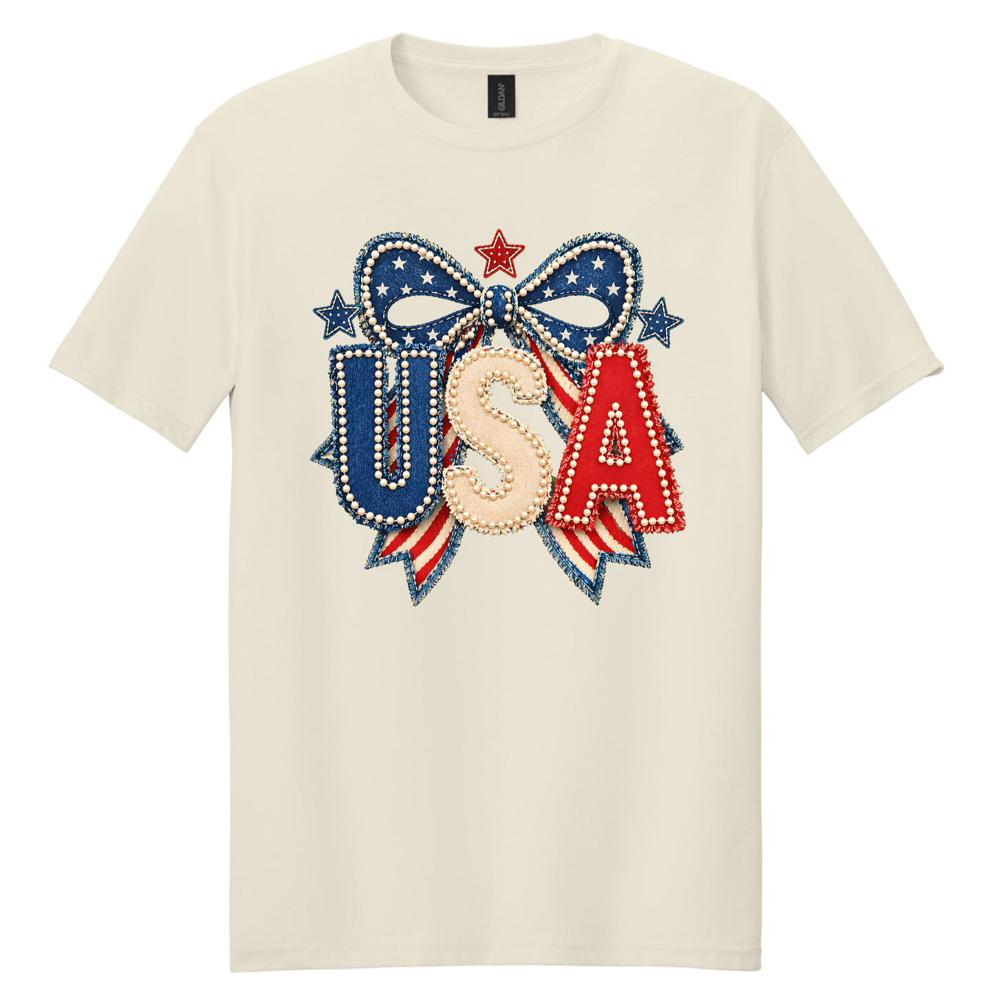 Patriotic Pearl Bow USA Graphic Tee | Vintage Americana Fourth of July Shirt