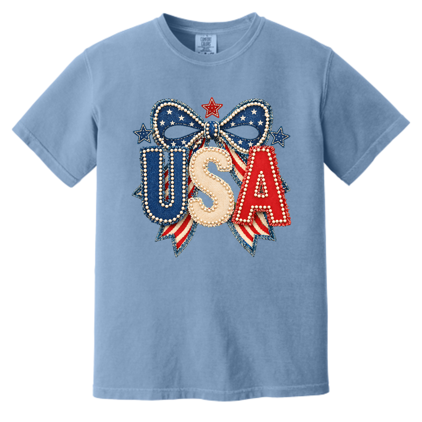 Patriotic Pearl Bow USA Graphic Tee | Vintage Americana Fourth of July Shirt