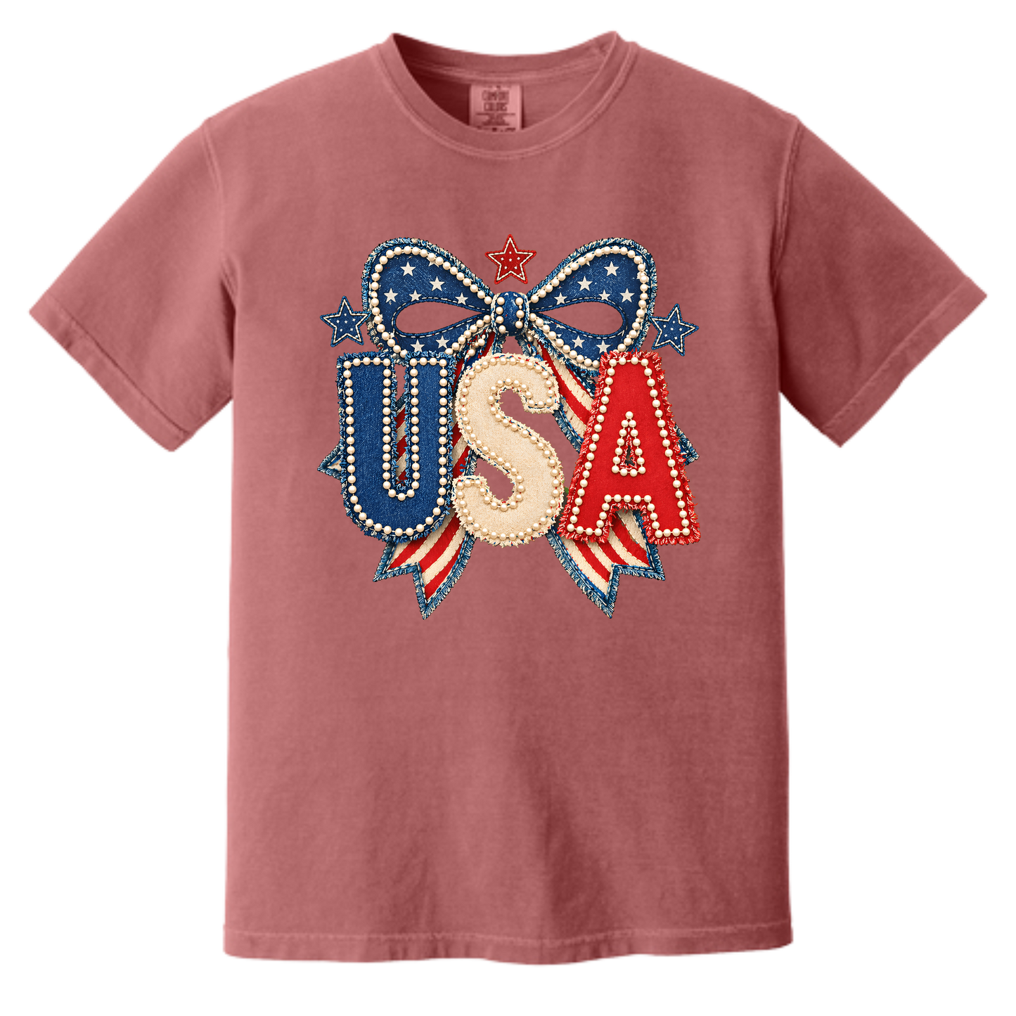 Patriotic Pearl Bow USA Graphic Tee | Vintage Americana Fourth of July Shirt