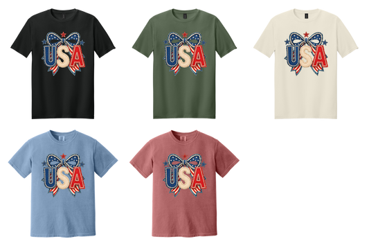 Patriotic Pearl Bow USA Graphic Tee | Vintage Americana Fourth of July Shirt