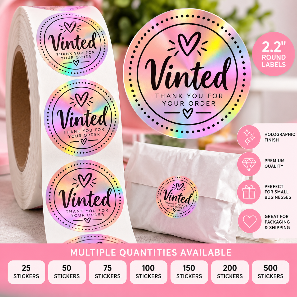 Vinted Thank You Stickers | 2.2" Round Holographic Labels