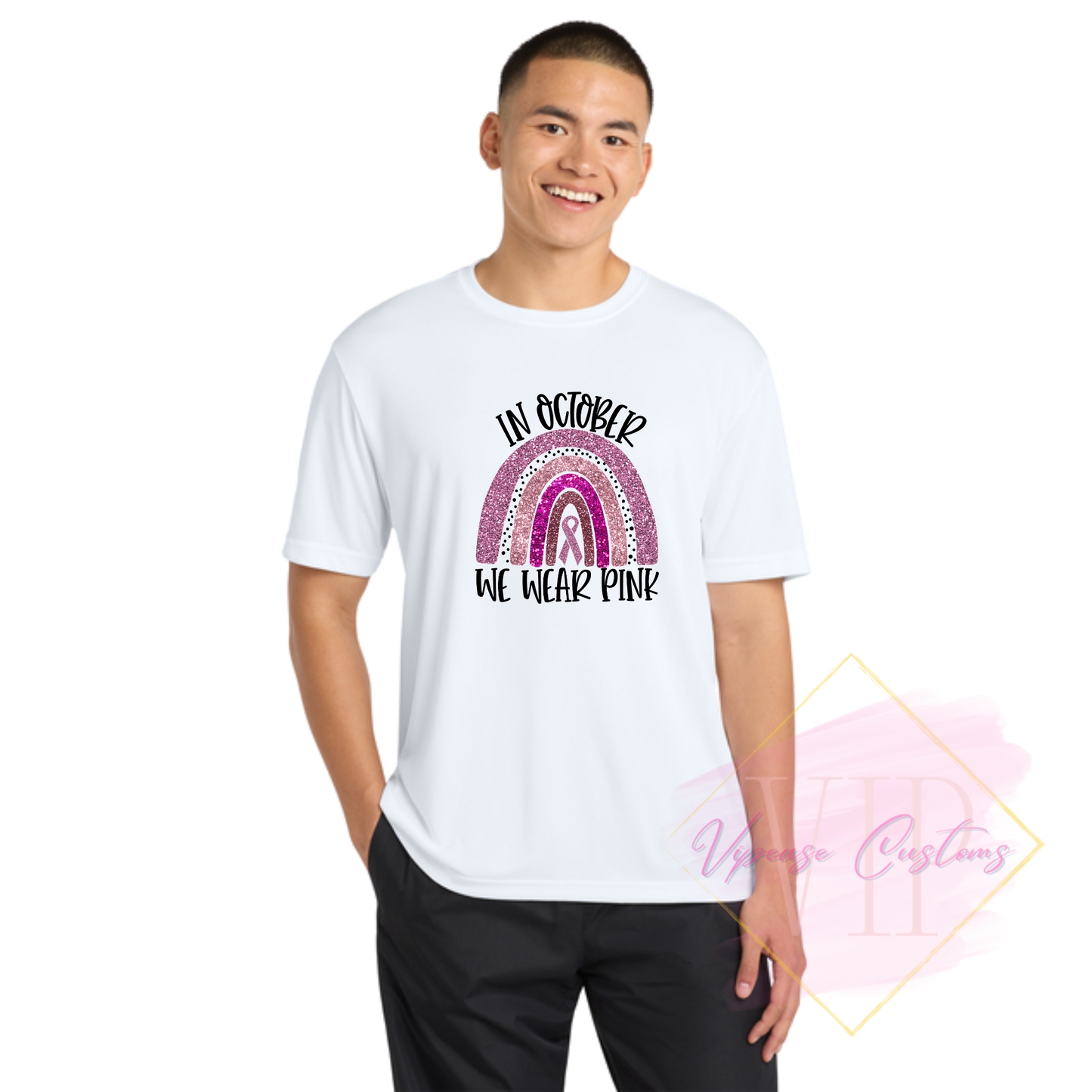 In October We Wear Pink Glitter Ribbon Rainbow-Cancer Awareness ST350 Sport-Tek® PosiCharge® Competitor™ Tee
